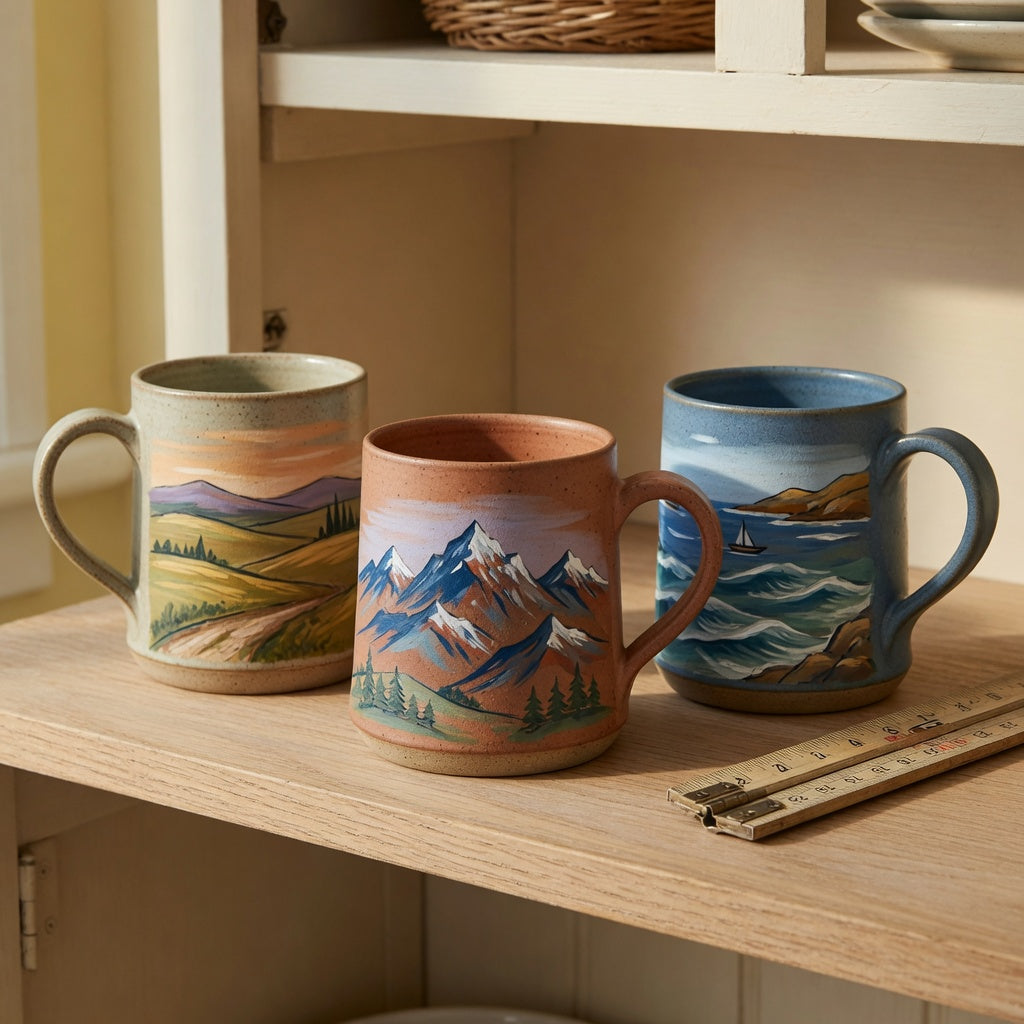 Clay pottery coffee mugs storage fit guide showing three scenic mug shapes and their handle clearance on a kitchen shelf
