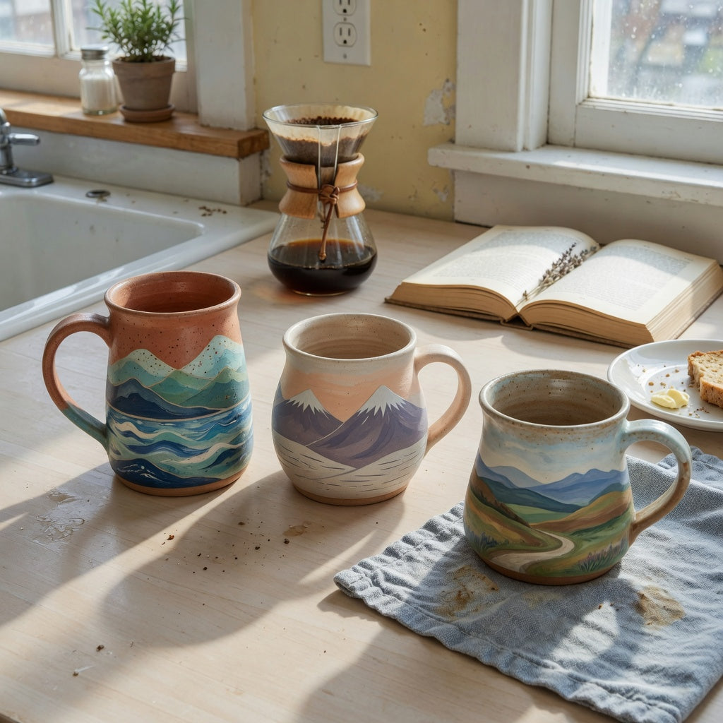 Clay pottery coffee mugs weekend coffee product shortlist guide with Mountain Sea, Great Mountain, and Landscape mugs on a Saturday table