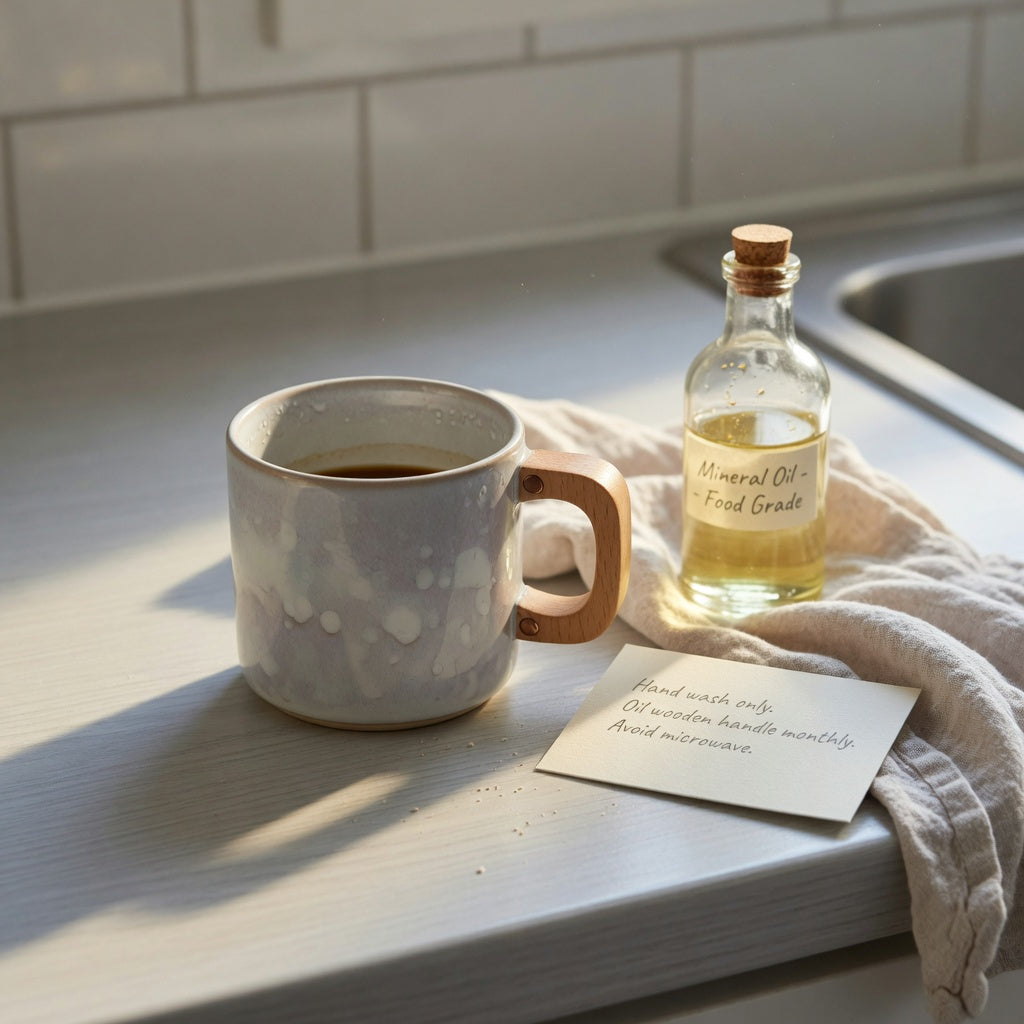 Kitchen counter scene for a cloud ceramic mug wooden handle buying checklist, showing a cloud-glaze mug, wooden handle, mineral oil, and towel