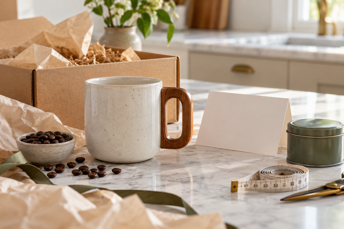 Cloud coffee tea mug gift checklist scene with a wooden-handle mug, care card, and tape measure on a kitchen counter