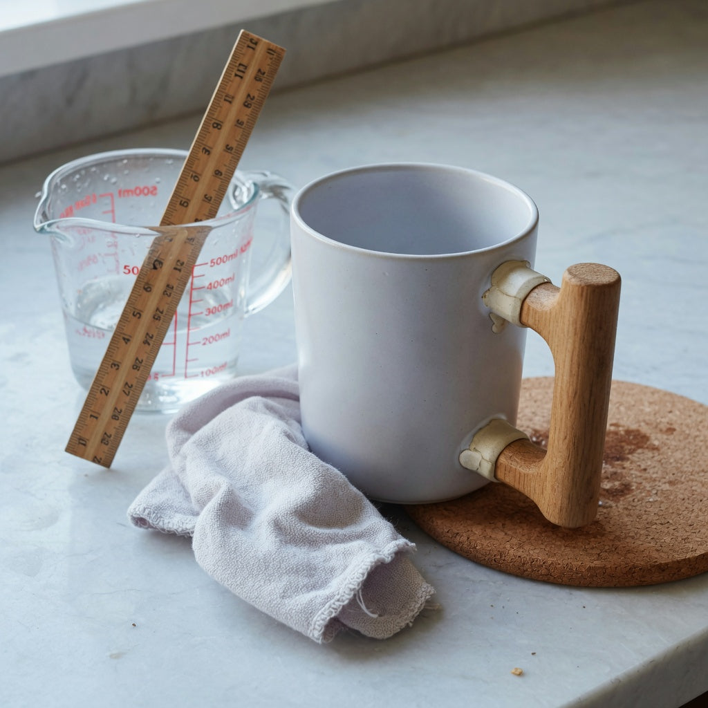 Cloud mug wooden handle beside a measuring jug and care cloth on a kitchen counter