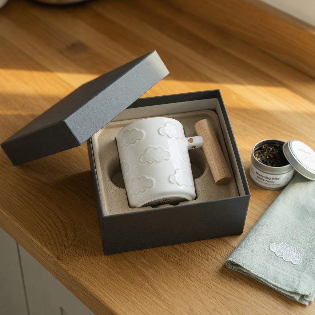 Cloud tea mug wooden handle gift with embossed cloud design resting in an open gift box beside a tin of loose-leaf tea
