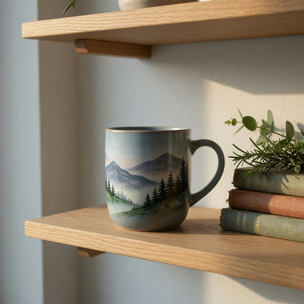 Coffee and tea mountain mug for home decor on an open oak kitchen shelf