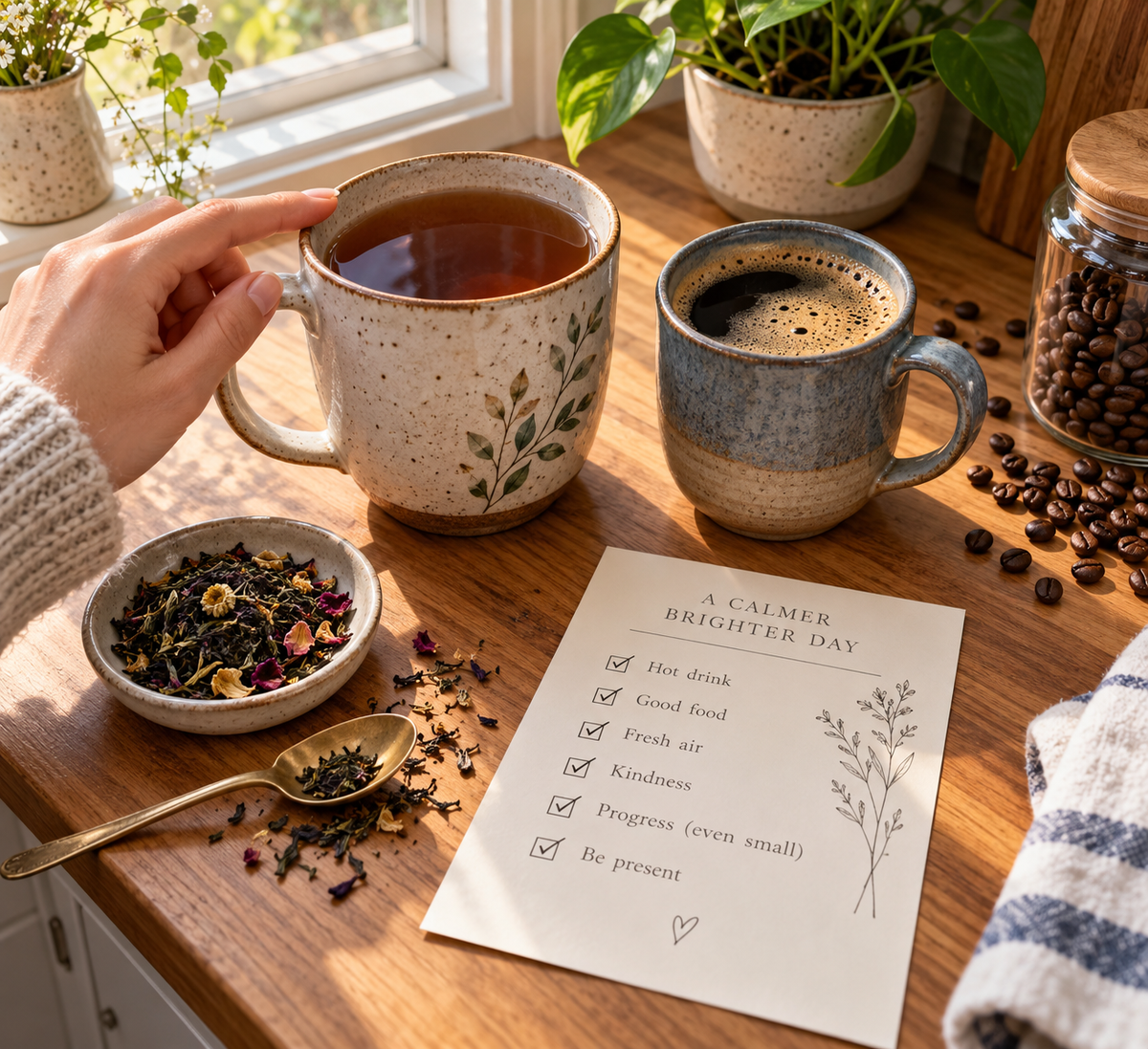 Coffee and tea mug buying checklist in use: comparing capacity, handle clearance, and glaze quality on two ceramic mugs at a kitchen counter