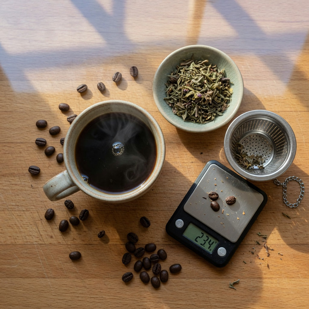 A coffee and tea mug for coffee lovers filled with pour-over coffee beside loose-leaf tea and an infuser basket on a wooden kitchen counter