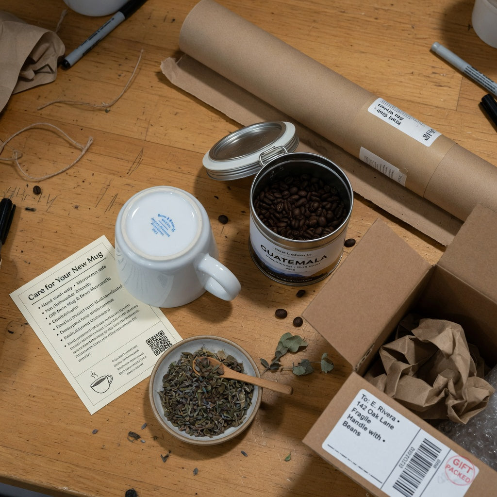 Coffee and tea mug gift checklist in progress: a ceramic mug packed beside coffee beans, loose-leaf tea, an airtight storage tin, and a printed care card on a packing bench