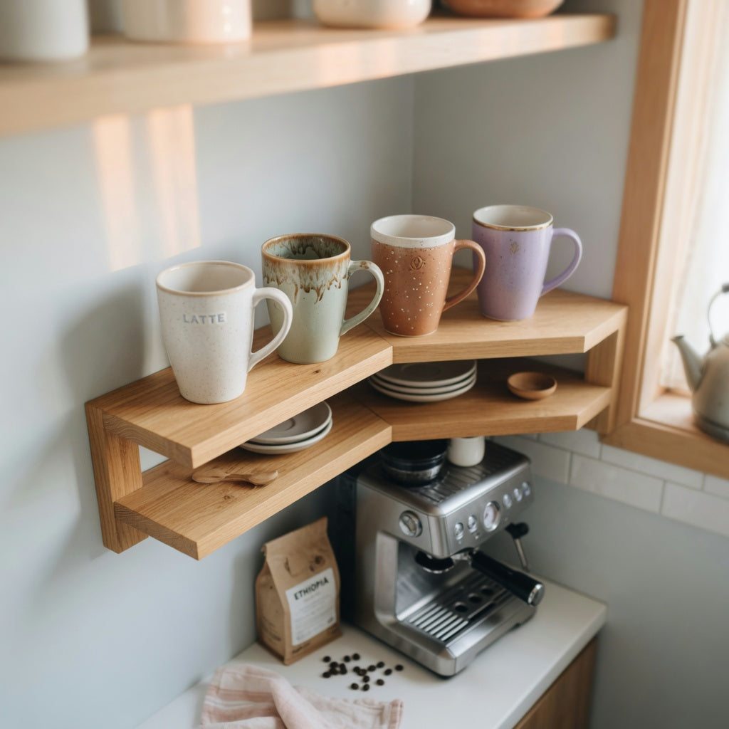 Two-tier wooden coffee corner shelf for tall mugs above an espresso machine in a small kitchen nook