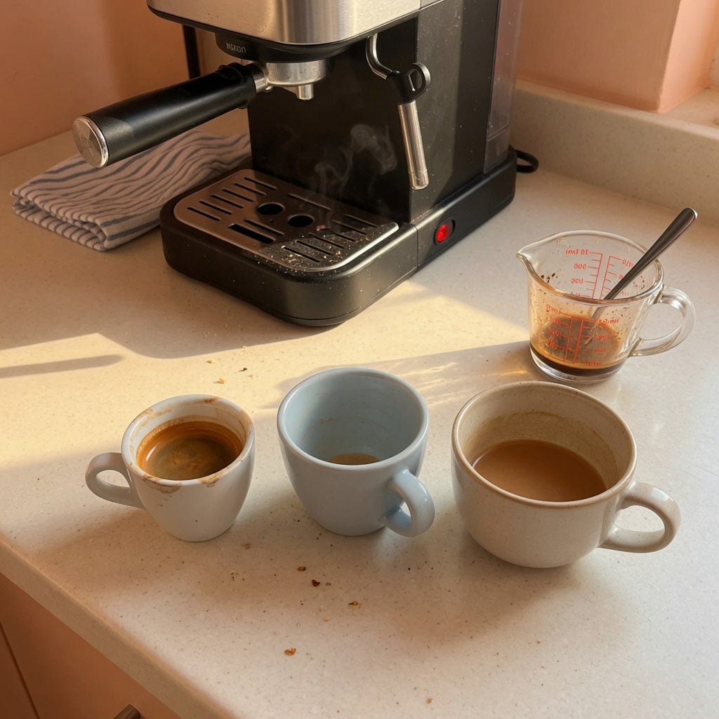 Coffee cup for espresso at home on a kitchen counter beside a small machine, holding a short shot with crema