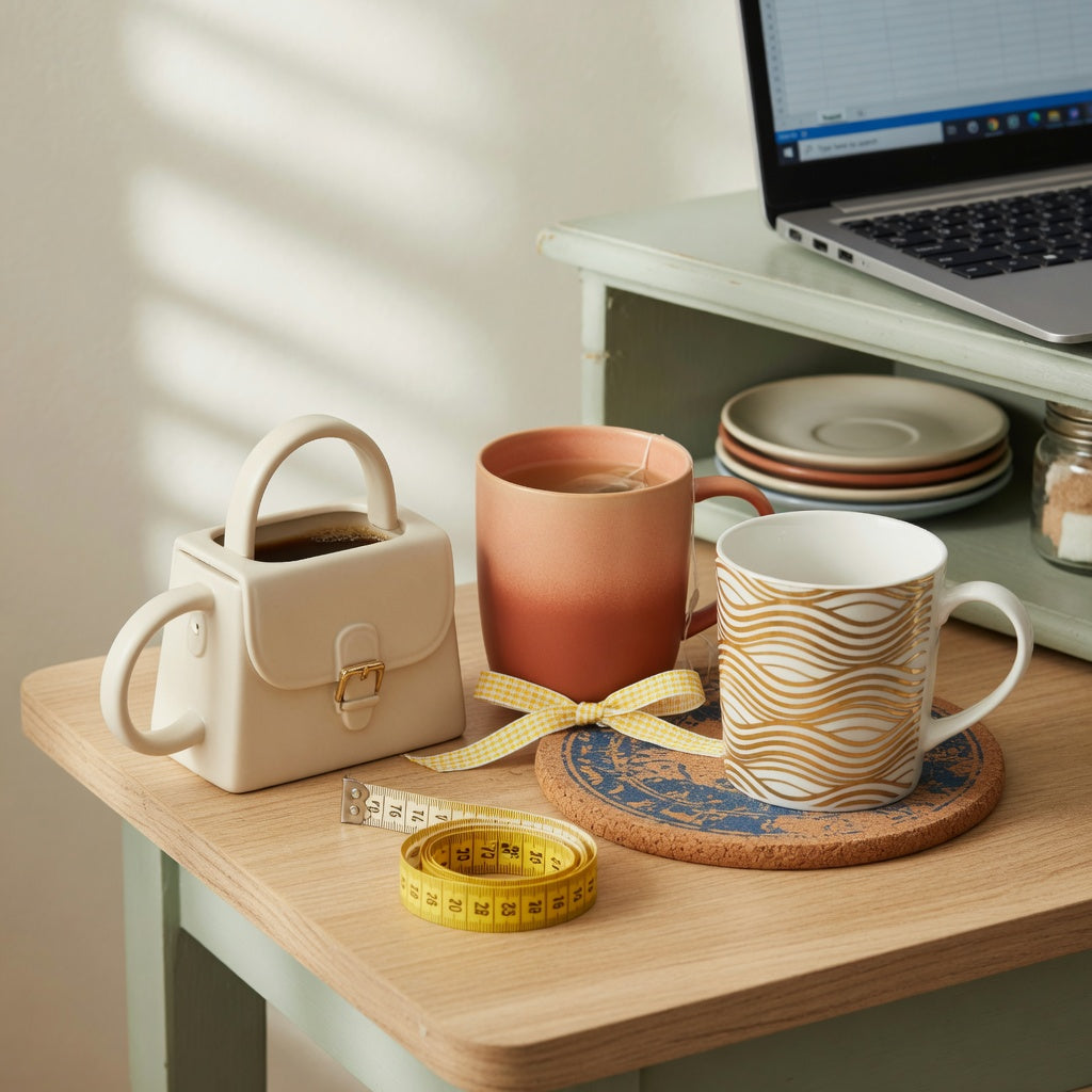 Desk comparison showing coffee mug birthday gift ideas buying priorities through handbag, gradient, and golden wave mug styles