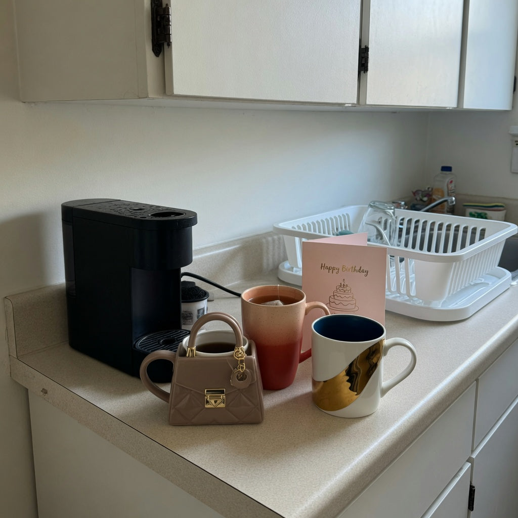 Coffee mug birthday gift ideas compact kitchen product shortlist guide with three decorative mugs arranged on a narrow counter