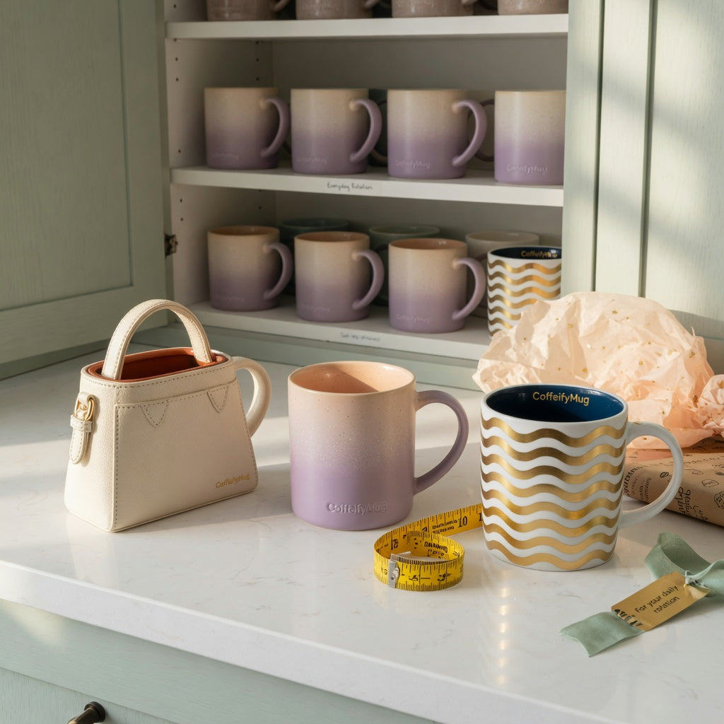 Coffee mug birthday gift ideas everyday mug rotation product shortlist guide scene with three mugs, an open cupboard, and birthday wrapping