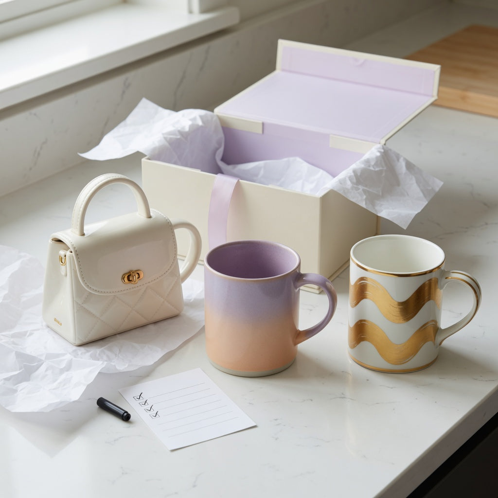 Coffee mug birthday gift ideas first time buyer product shortlist guide with handbag, gradient, and golden-wave mug options