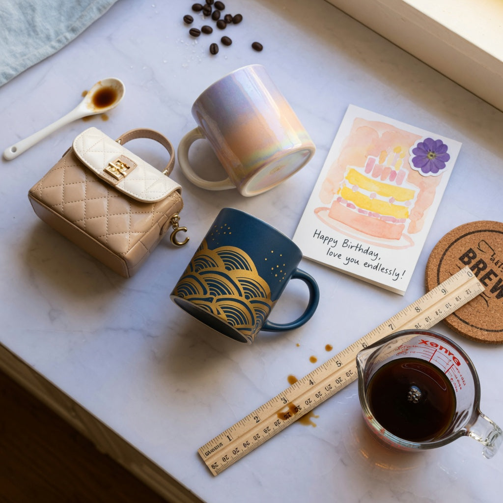coffee mug birthday gift ideas gift choice practical purchase checklist with Handbag, Gradient, and Golden Waves Kio mugs