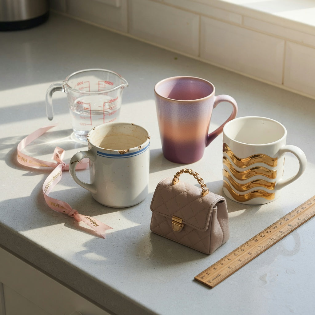 Kitchen counter setup for the coffee mug birthday gift ideas replacement purchase practical purchase checklist, with a chipped mug, ruler, measuring jug, and three replacement styles