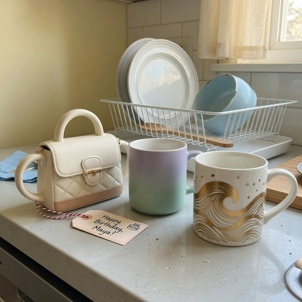 coffee mug birthday gift ideas shared household product shortlist guide showing three distinct mugs on a shared kitchen counter
