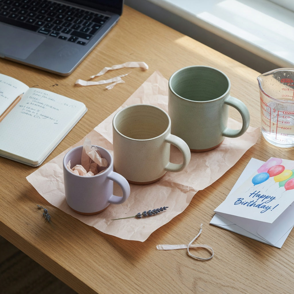 Coffee mug birthday gift ideas size decision guide comparing compact and larger ceramic mugs on a desk
