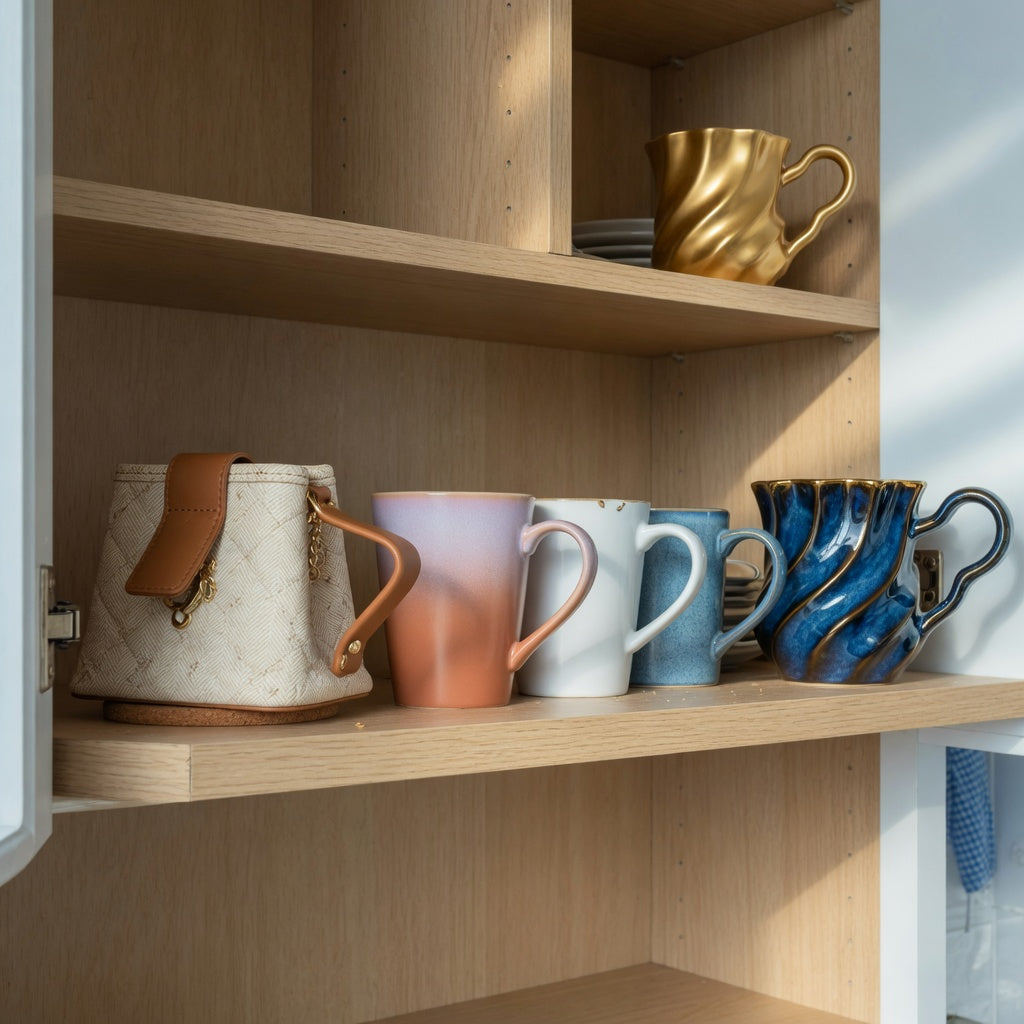 Coffee mug birthday gift ideas storage fit guide comparing handbag, gradient, and golden wave mugs on cabinet shelves