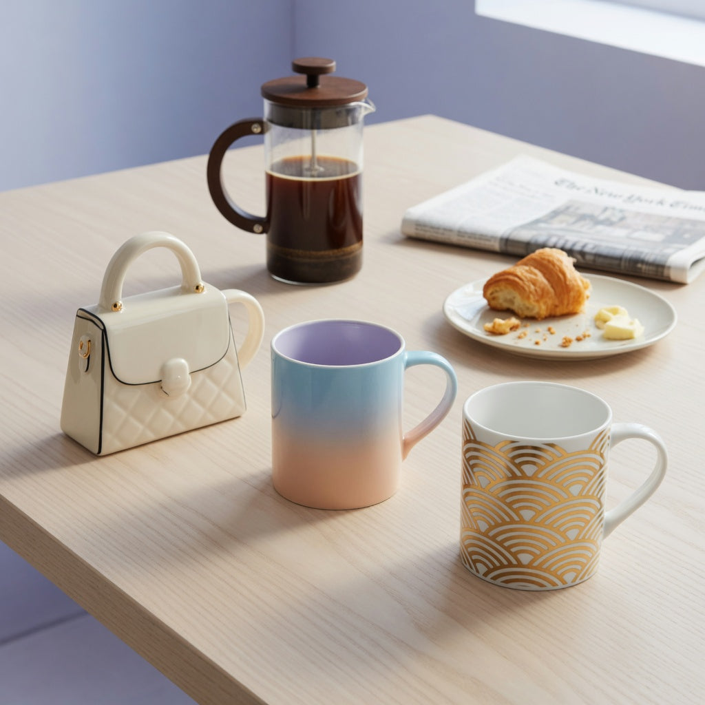 coffee mug birthday gift ideas weekend coffee practical purchase checklist with handbag-inspired, gradient, and golden-wave mugs on a breakfast table