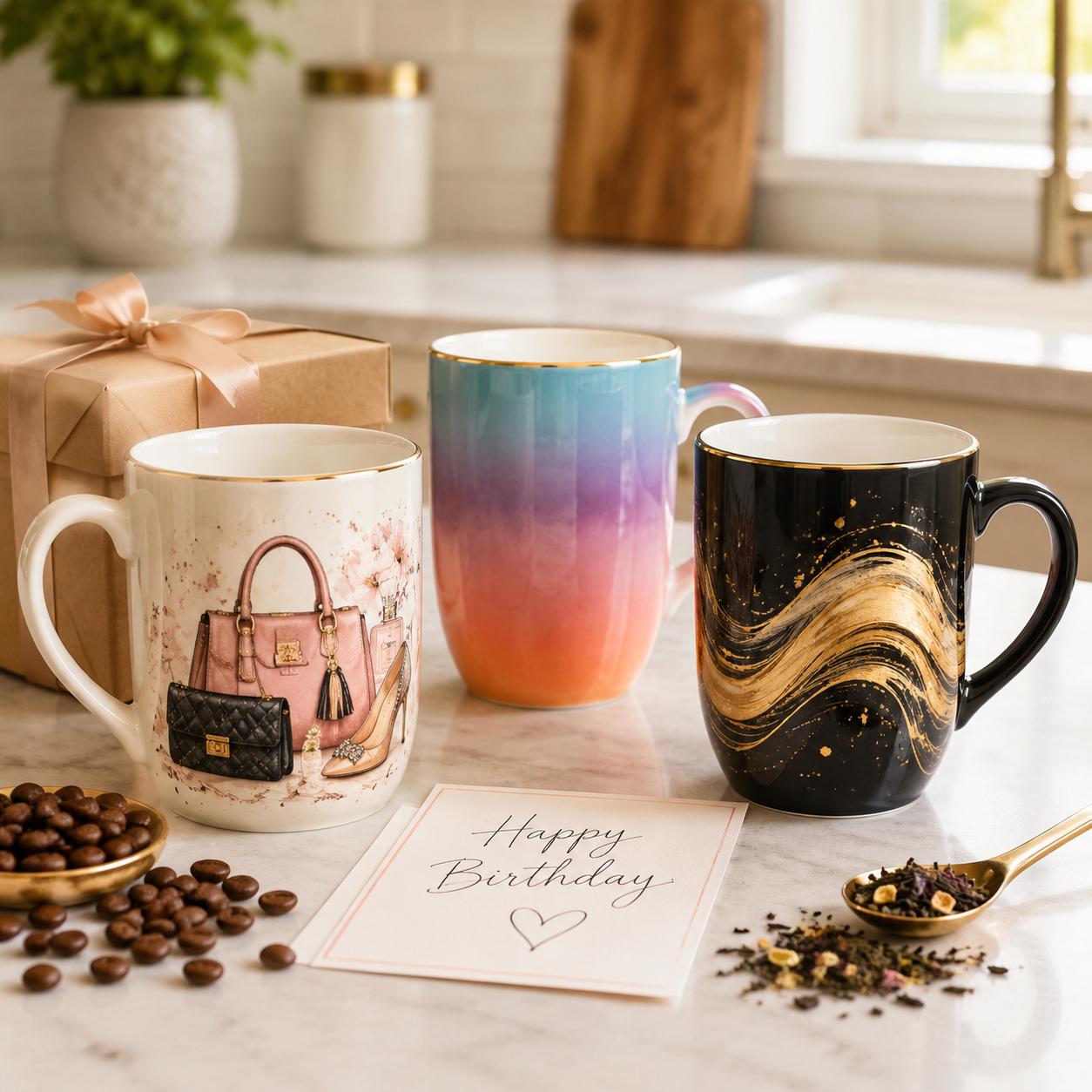 Coffee mug birthday gift ideas displayed with a wrapped present and birthday card on a kitchen counter