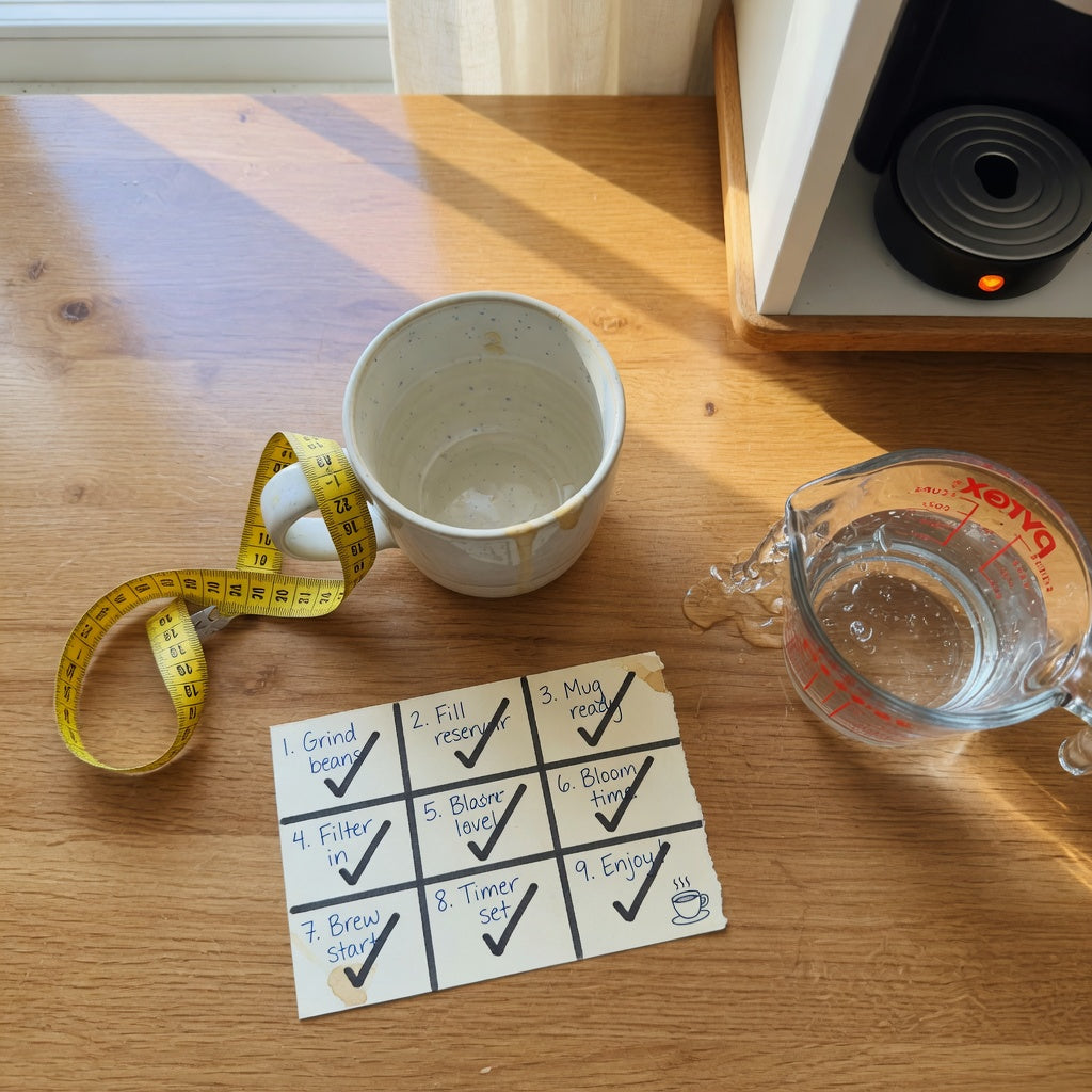 Coffee mug buying checklist in progress: tape measure around a large ceramic mug, water in a measuring cup, and a nine-box checklist card on a kitchen counter