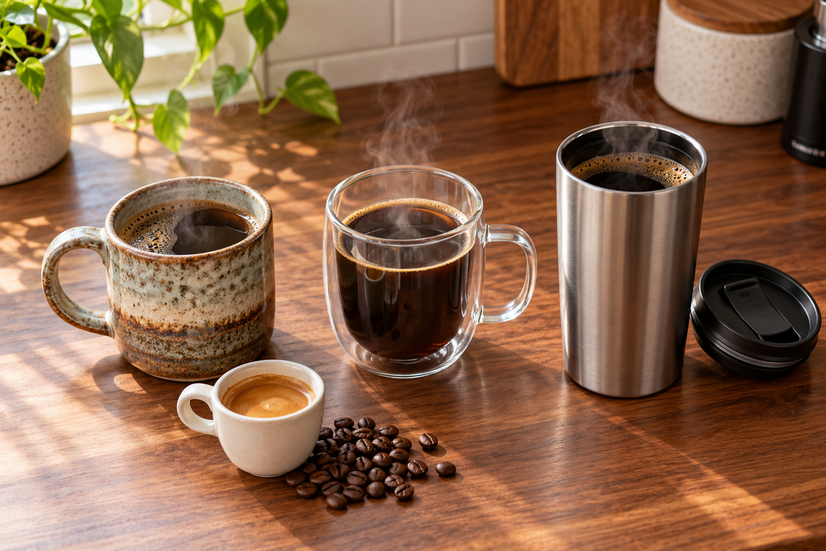 Coffee mug for coffee lovers comparison showing ceramic, double-wall glass, and insulated stainless steel mugs steaming on a kitchen counter