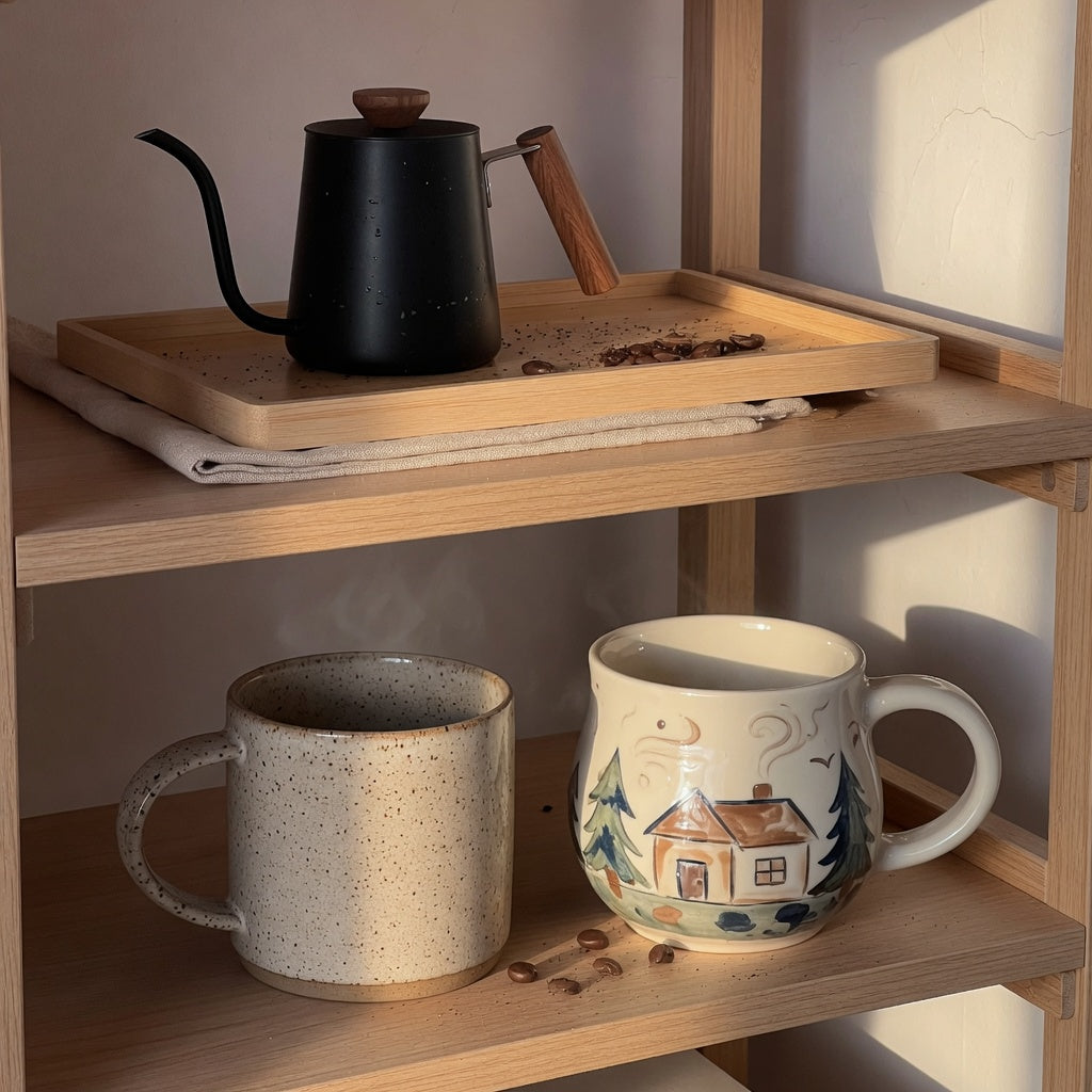 Coffee mug for home decor enthusiasts on open shelving above a home coffee bar