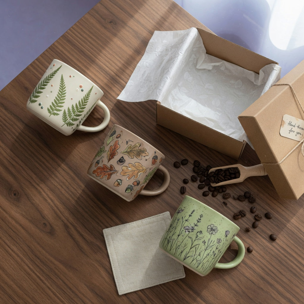 Coffee mug gift for him: three ceramic coffee and tea mugs with nature artwork on a wooden table beside an open gift box and coffee beans