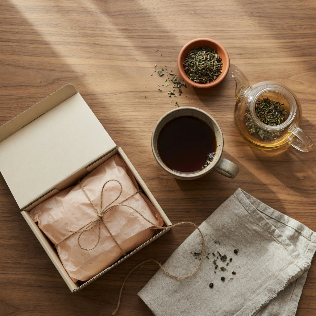 Round ceramic mug of coffee beside a teapot and loose-leaf tea, illustrating our coffee mug gift guide for tea and coffee drinkers