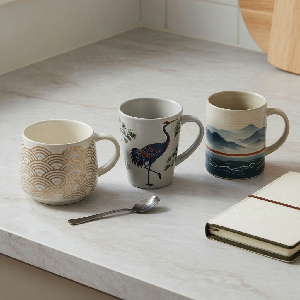 Coffee mug gift idea current product facts comparison of Golden Waves Kio, The Crane, and Mountain Sea ceramic mugs