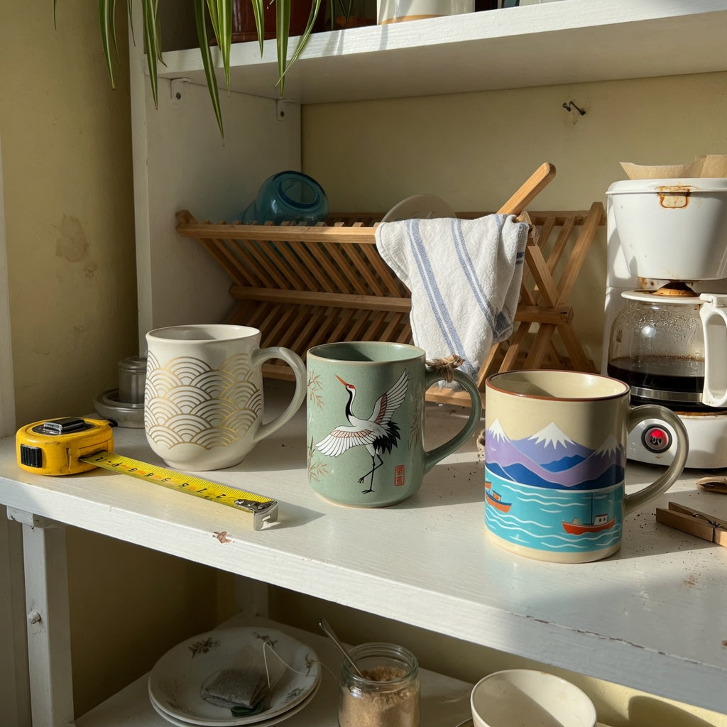 coffee mug gift idea everyday mug rotation practical purchase checklist with three themed mugs on a measured kitchen shelf