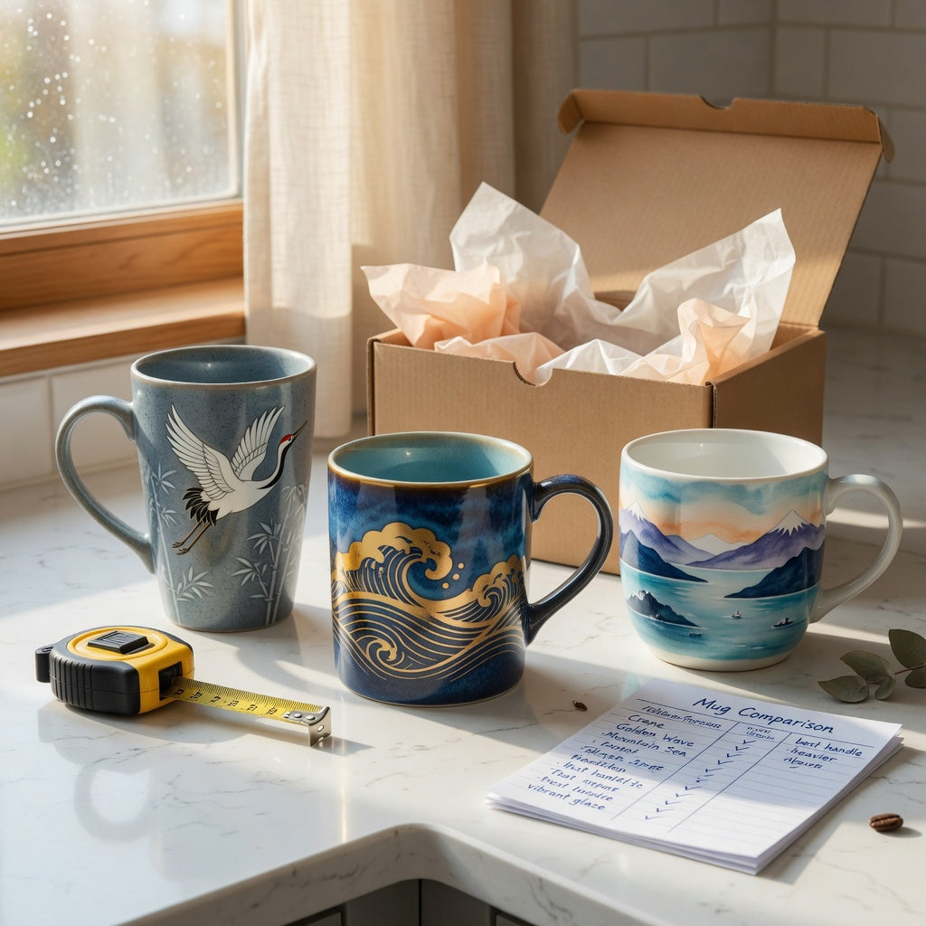 coffee mug gift idea first time buyer product shortlist guide showing Crane, Golden Waves Kio, and Mountain Sea gift options
