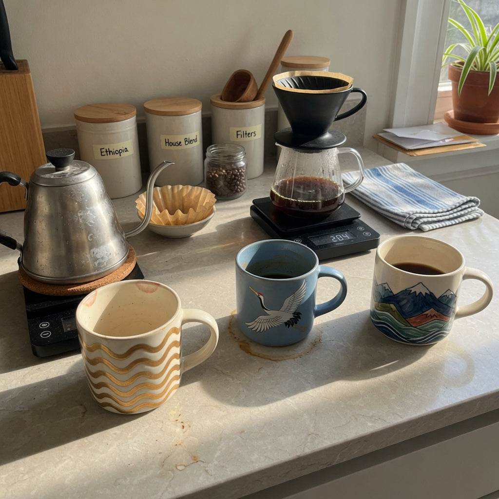Coffee mug gift idea home coffee station practical purchase checklist with three patterned mugs beside a kettle, scale, and dripper