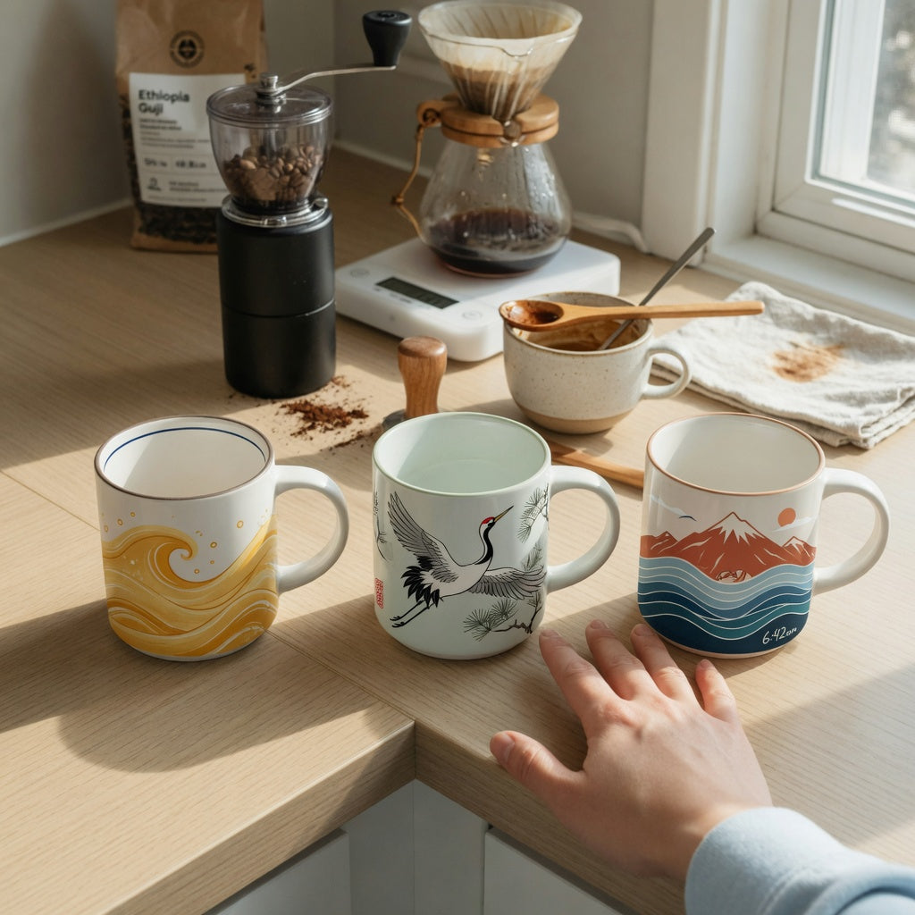Three illustrated mugs compared on a counter for a coffee mug gift idea home coffee station product shortlist guide