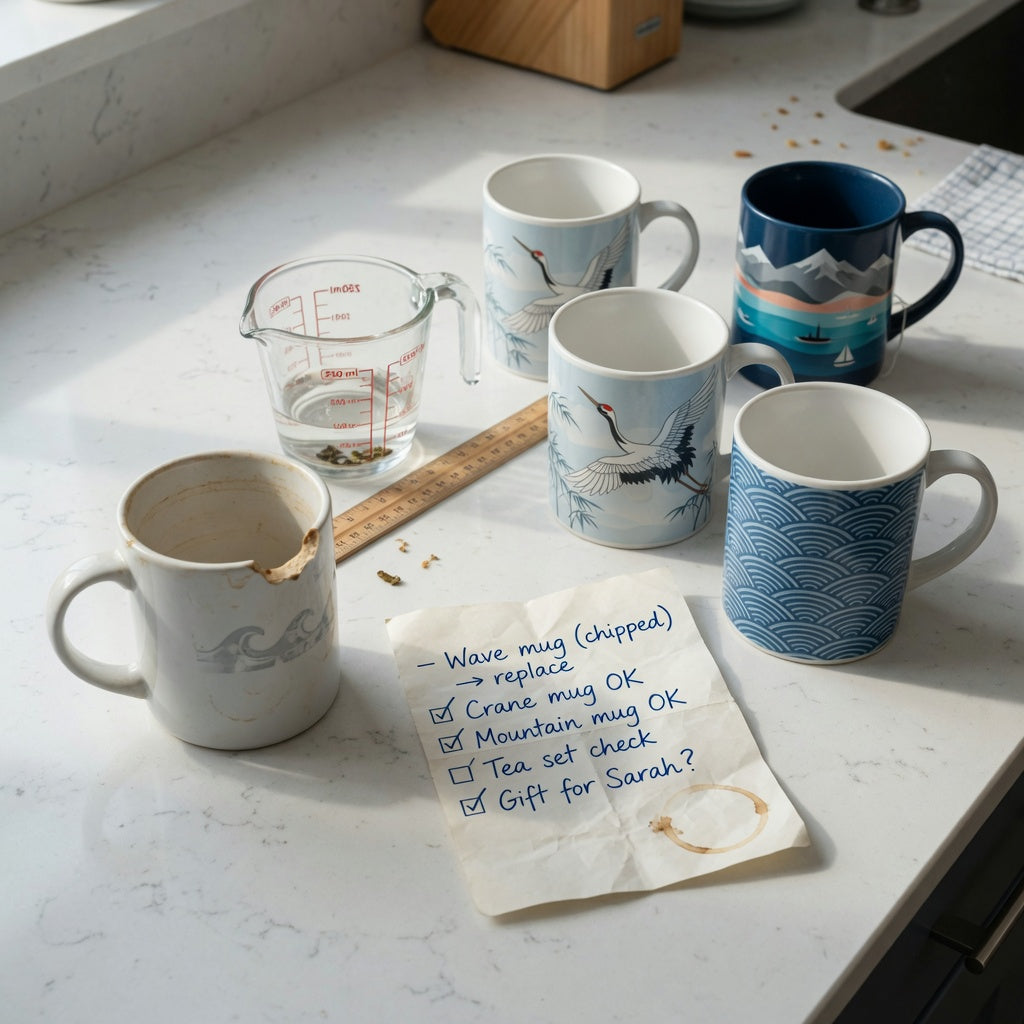 coffee mug gift idea replacement purchase practical purchase checklist beside a chipped mug, measuring jug, ruler, and three patterned mugs