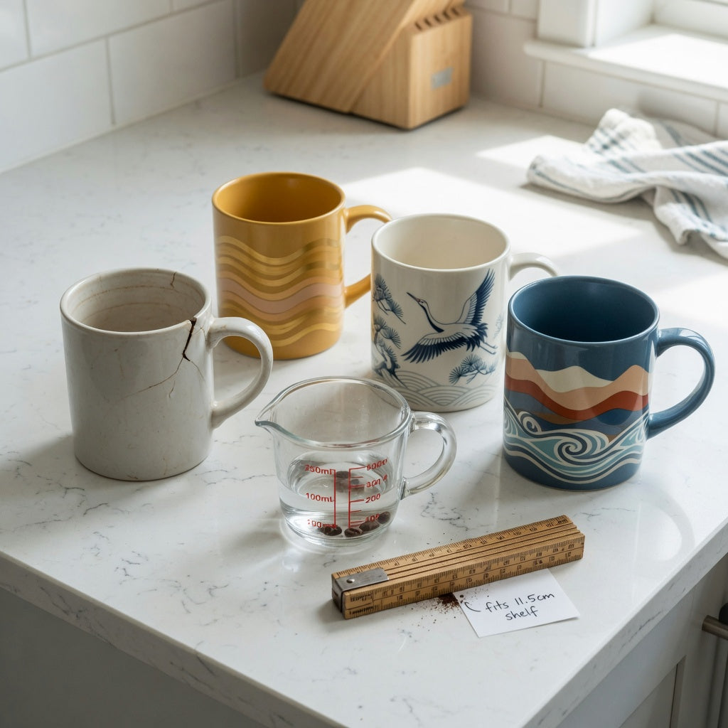 Coffee mug gift idea replacement purchase product shortlist guide with Golden Waves Kio, The Crane, and Mountain Sea beside a worn mug