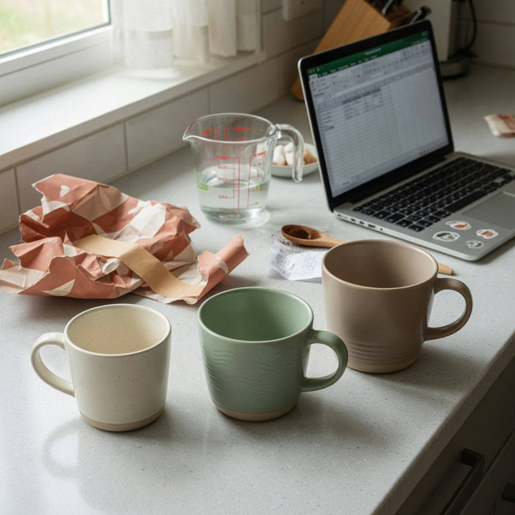 Coffee mug gift idea size decision guide with 400 ml, 440 ml and 480 ml mugs beside gift wrap