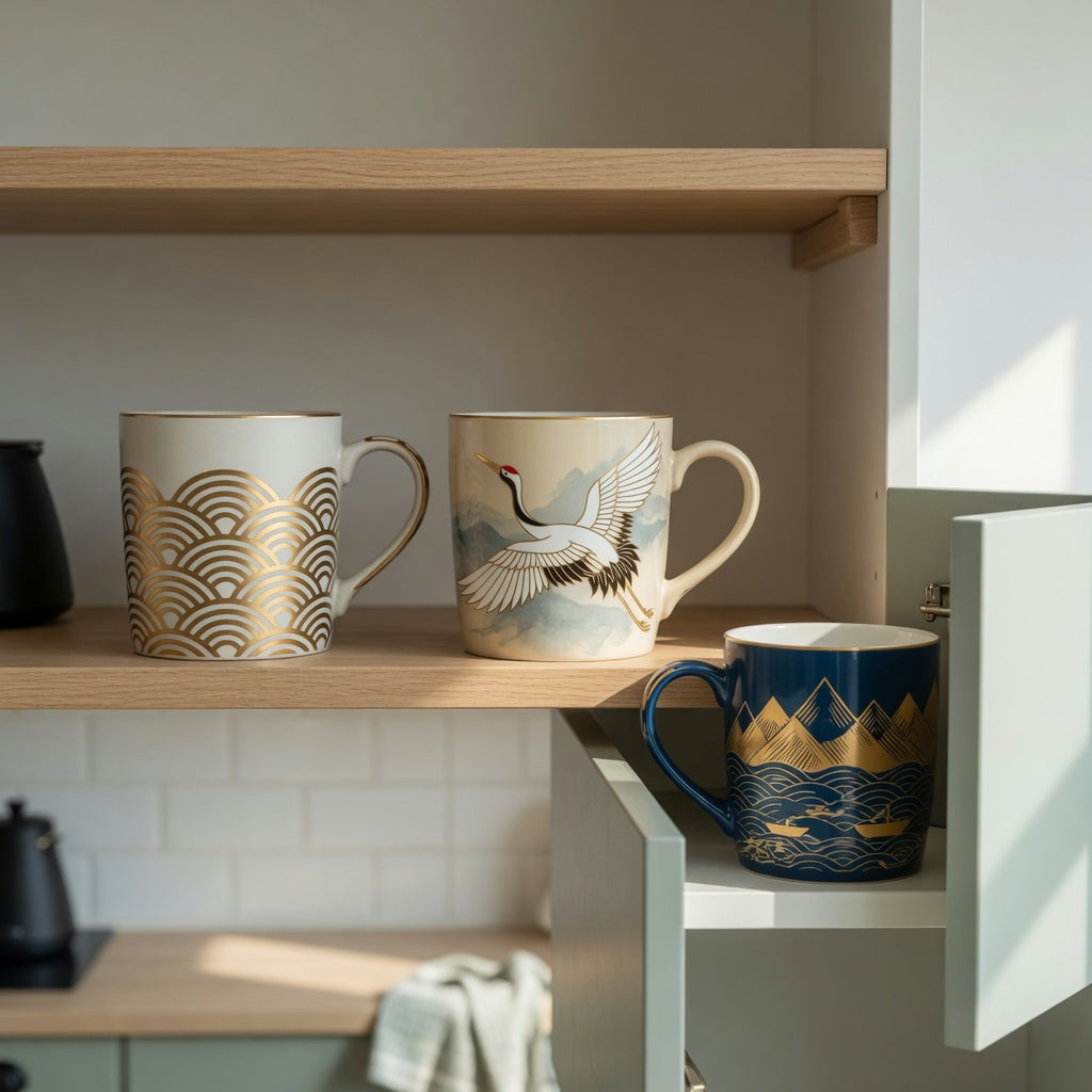 Three decorative mugs arranged for a coffee mug gift idea storage fit guide showing shelf and cabinet clearance