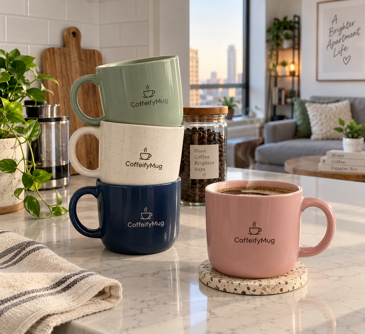 Coffee mug gift ideas for apartment kitchen on compact counter space