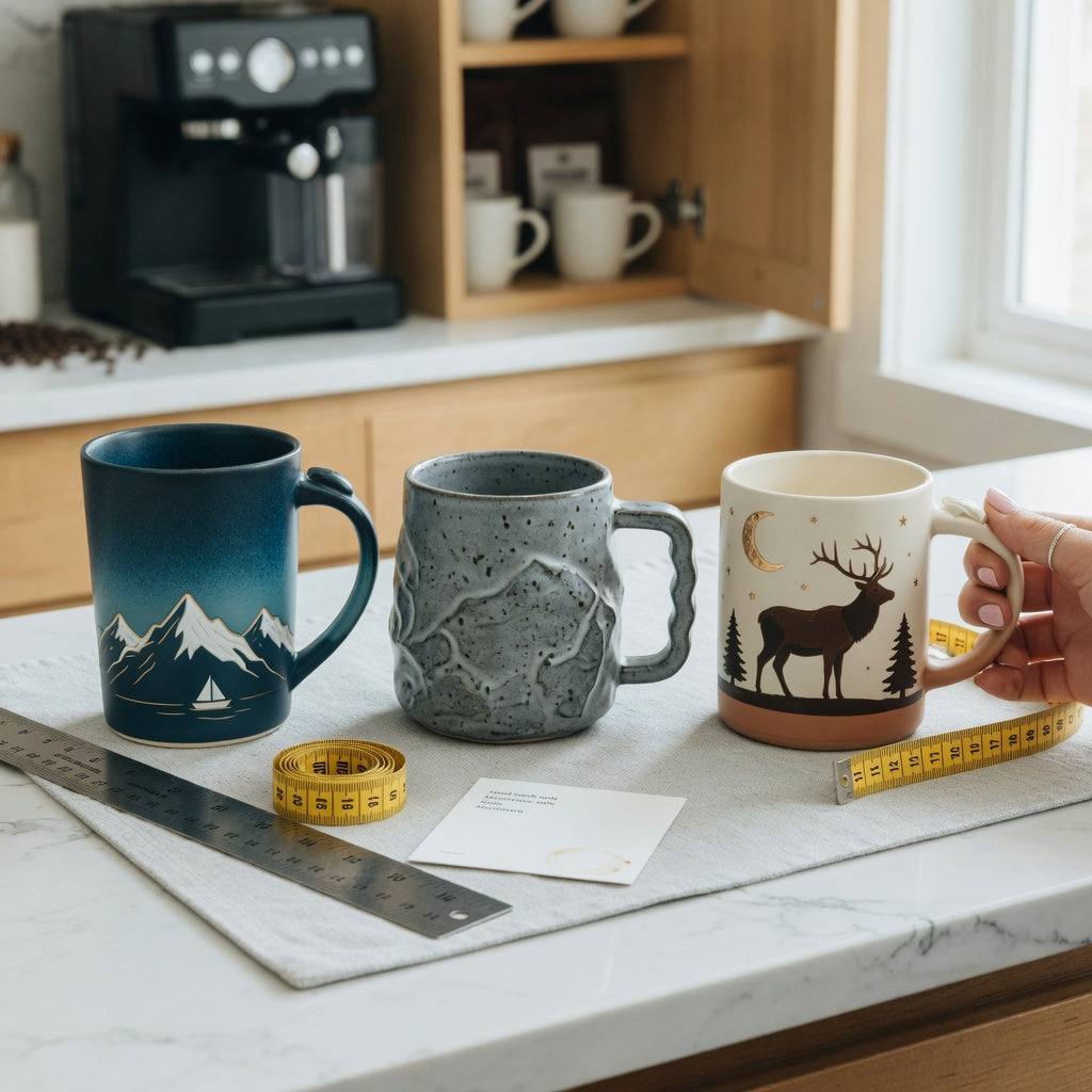 coffee mug gift ideas for him first time buyer practical purchase checklist shown with three themed mugs, a ruler, and handle-clearance notes