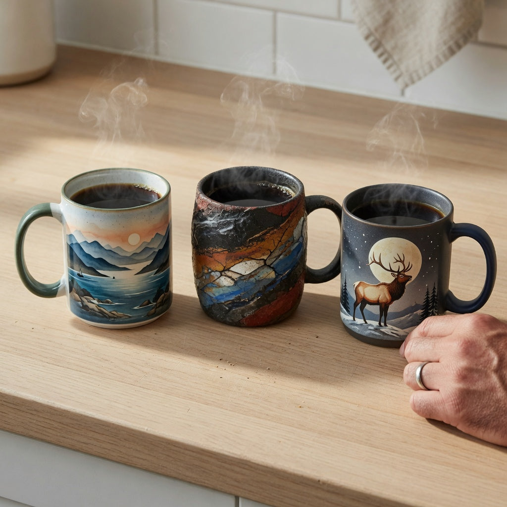 Coffee mug gift ideas for him current product facts comparison showing three ceramic mug sizes and designs