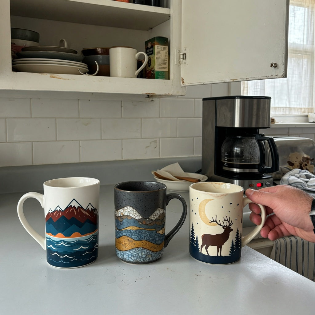 coffee mug gift ideas for him everyday mug rotation product shortlist guide with three themed mugs beside an open kitchen cabinet