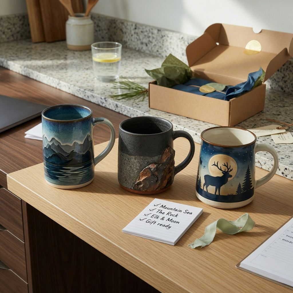 Coffee mug gift ideas for him first time buyer product shortlist guide with Mountain Sea, The Rock, and Elk and Moon mugs beside a checklist