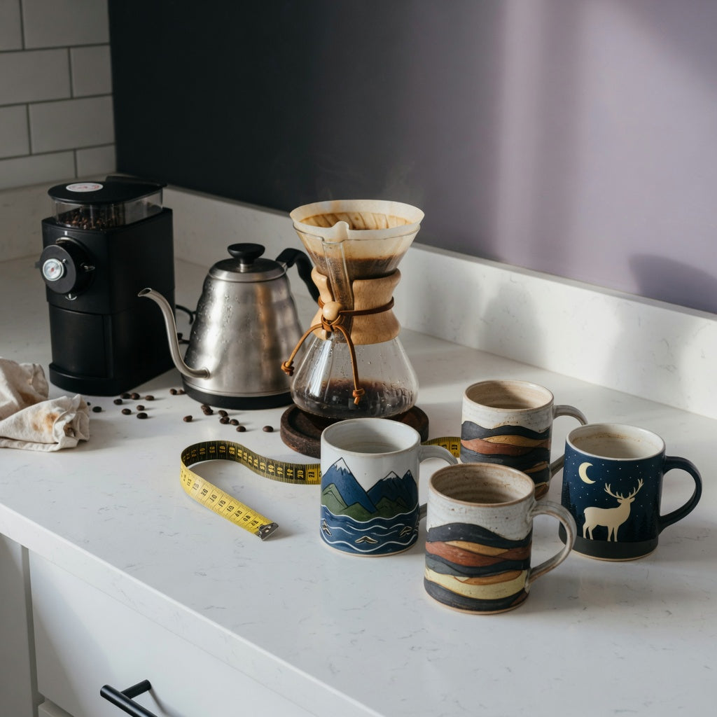 coffee mug gift ideas for him home coffee station practical purchase checklist beside a grinder, kettle, brewer, and measuring tape