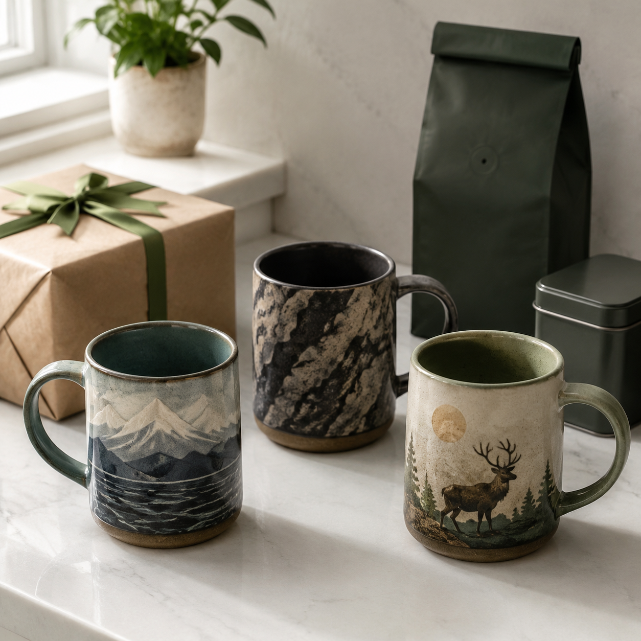 Coffee mug gift ideas for him arranged on a kitchen counter beside coffee, tea, and a wrapped gift