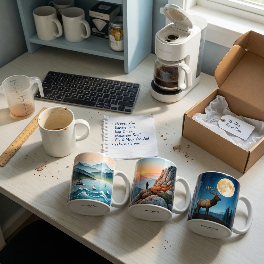 coffee mug gift ideas for him replacement purchase practical purchase checklist with an old mug, measuring tools, and themed CoffeifyMug options