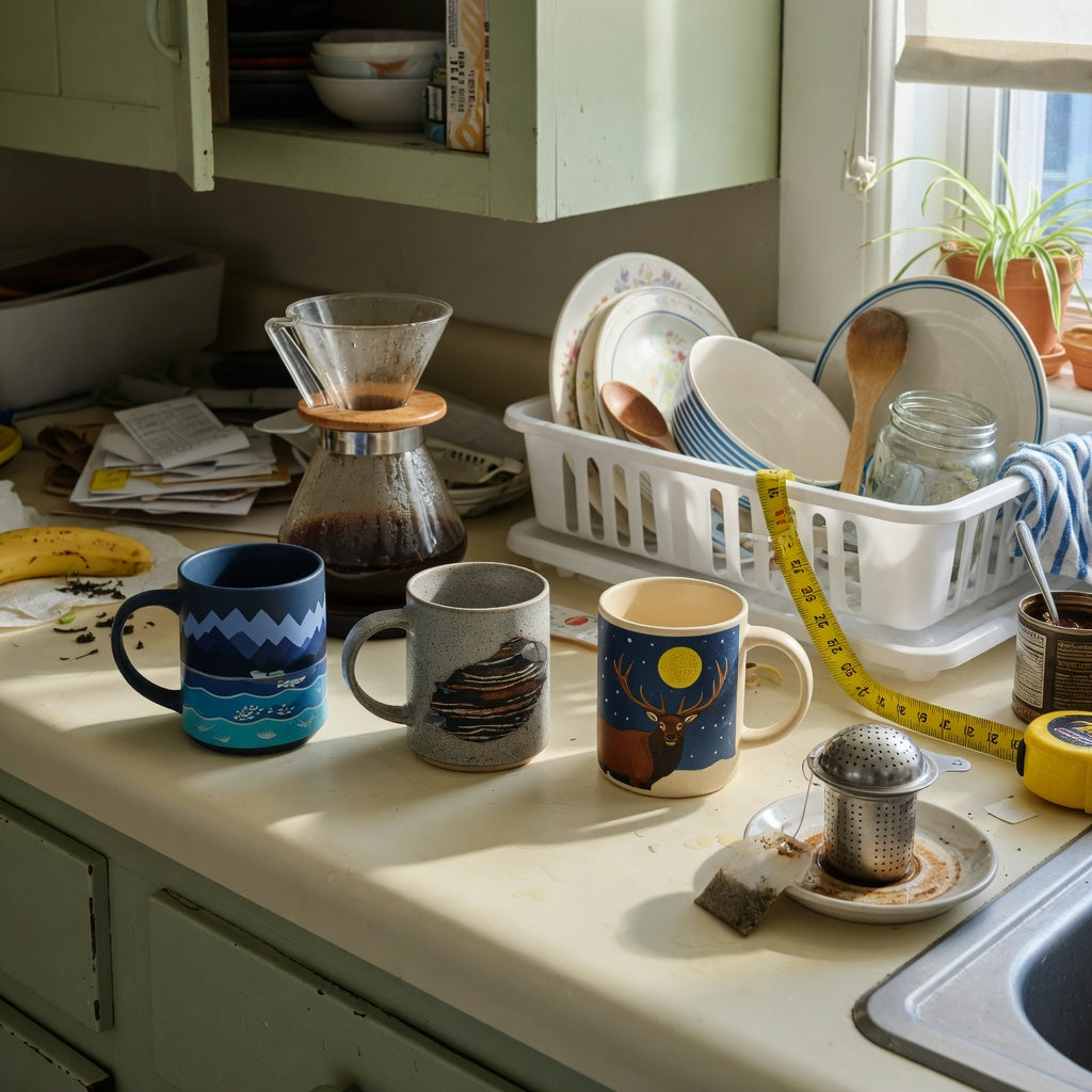 coffee mug gift ideas for him shared household product shortlist guide with three themed mugs on a busy shared kitchen counter