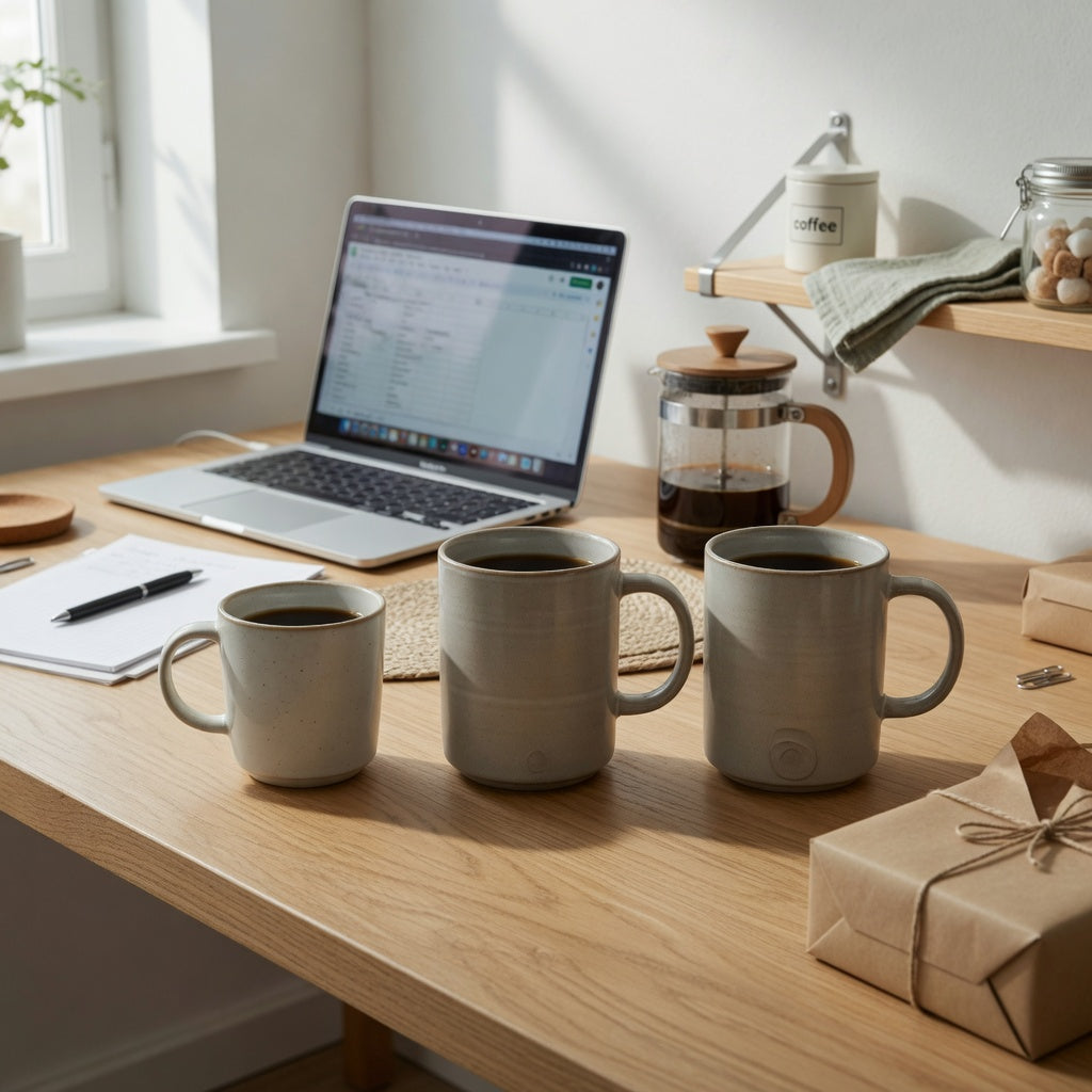 Coffee mug gift ideas for him size decision guide comparing 400 ml and 480 ml ceramic mugs on an office desk