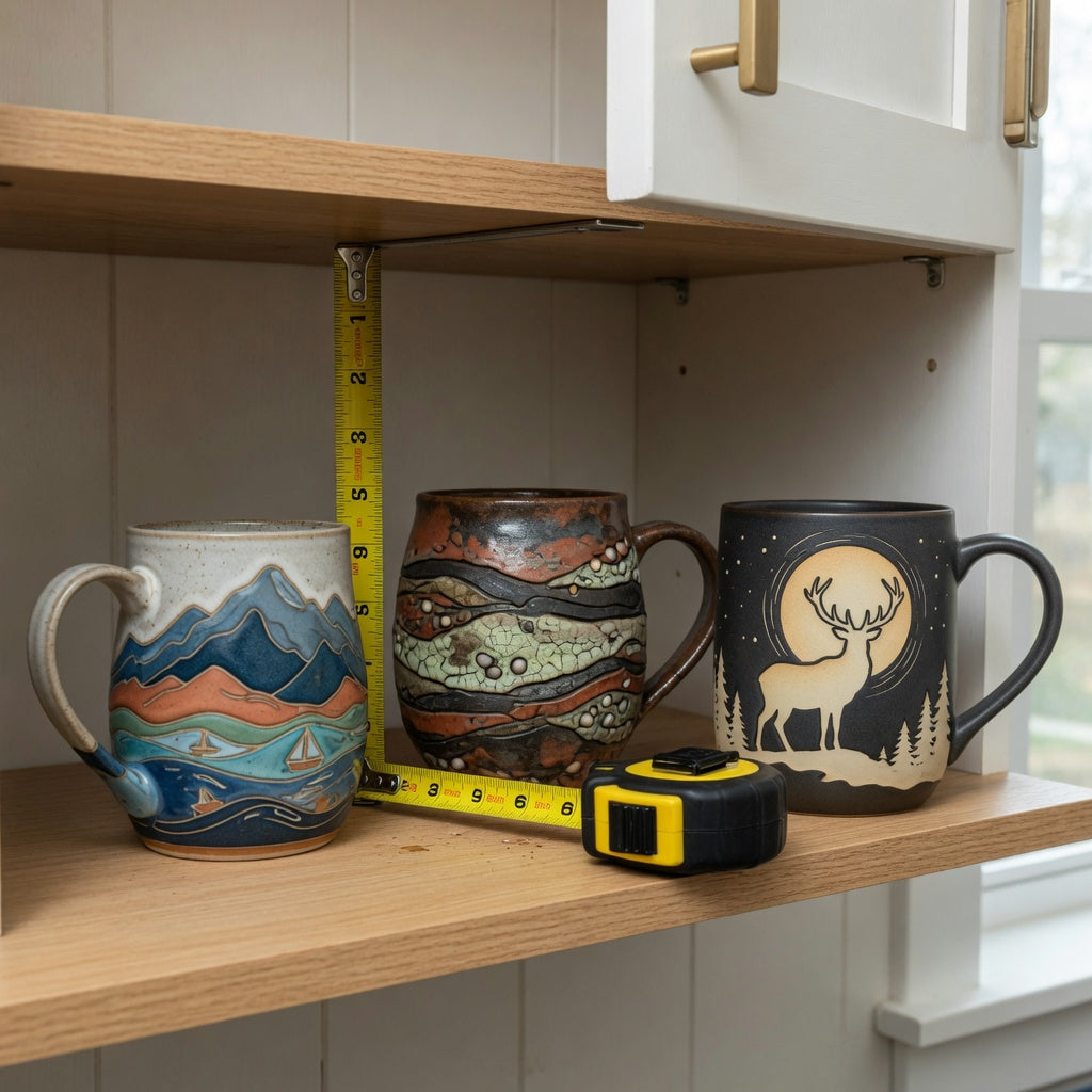 Coffee mug gift ideas for him storage fit guide comparing three mug shapes on a kitchen cabinet shelf