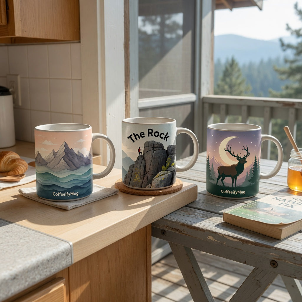 coffee mug gift ideas for him weekend coffee product shortlist guide with Mountain Sea, The Rock, and Elk and Moon mugs on a porch table