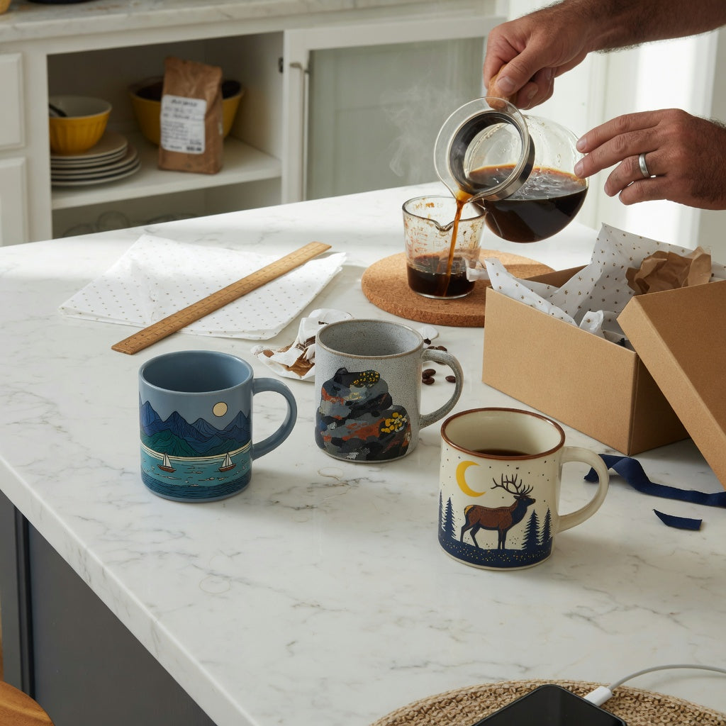 coffee mug gift ideas for him weekend coffee practical purchase checklist with Mountain Sea, The Rock, and Elk and Moon design options